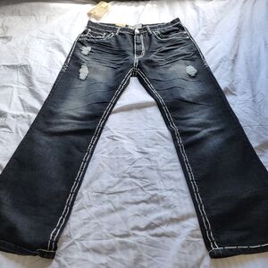Men's Dark Wash Bootcut Jeans with Distressed Details